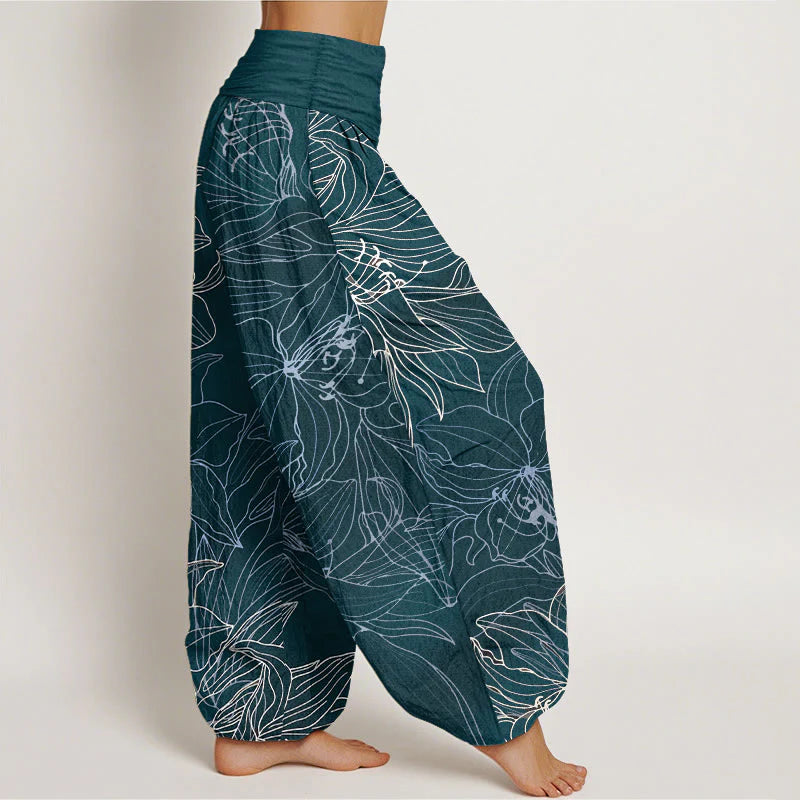 Buddha Stones Pure Cotton Minimalist Style Flower Pattern Women's Elastic Waist Harem Pants