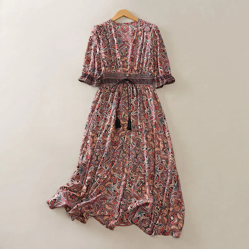 Buddha Stones Summer Peacock Paisley Tie Waist Viscose Lantern Sleeves Maxi Dress