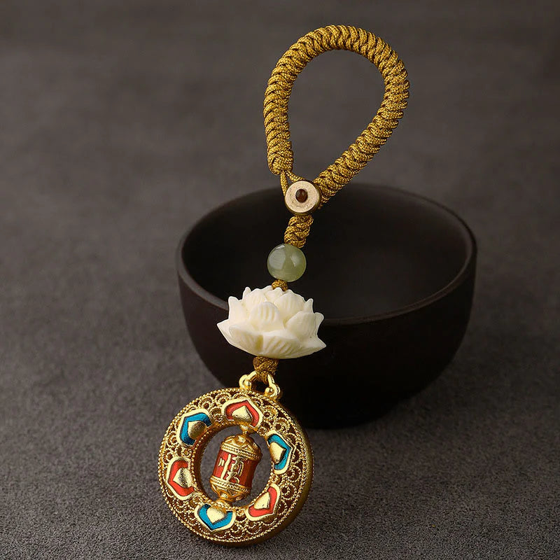 Buddha Stones Bodhi Seed Lotus Hetian Jade Bead Copper Rotatable Peace Key Chain