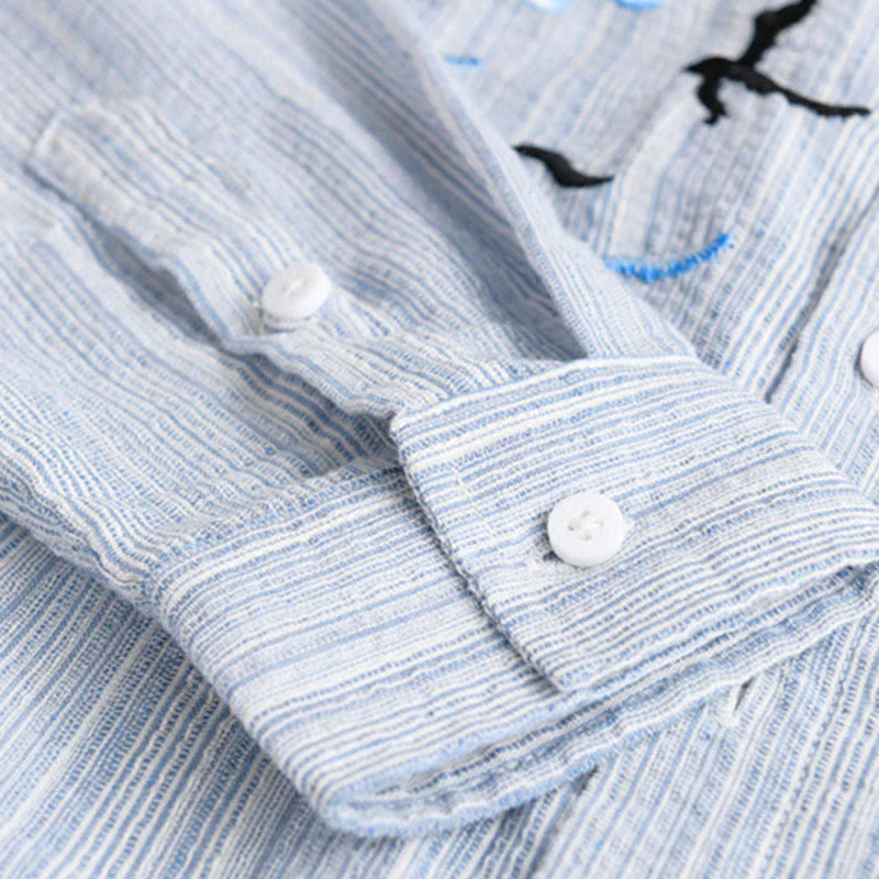 Buddha Stones Embroidery Bird Striped Pattern Long Sleeve Men's Cotton Shirt With Pocket