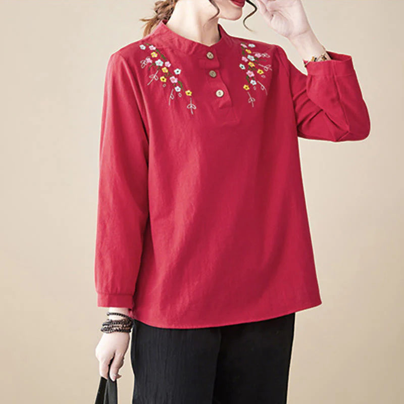 Buddha Stones Women's Spring Embroidered Flower Pattern Stand Collar Long Sleeve Cotton Shirt