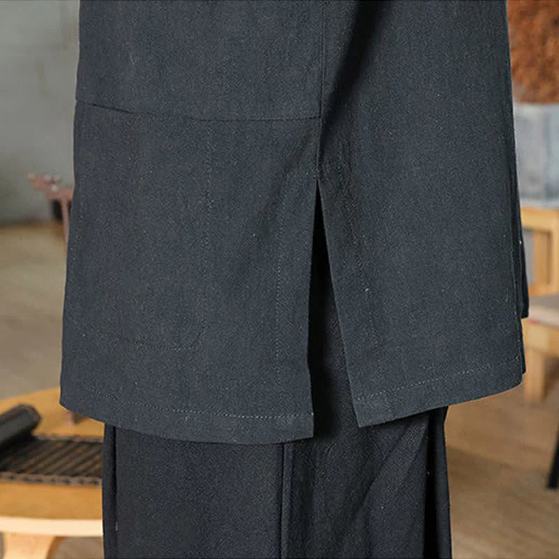 Buddha Stones Frog-Button Chinese Tang Suit Three Quarter Sleeve Cotton Linen Men's Shirt