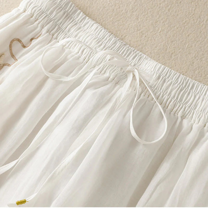Buddha Stones Commute Embroidery Drawstring Women's Cotton Wide Leg Pants With Pockets
