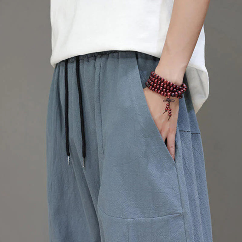 Buddha Stones Casual Plain Low Crotch Design Drawstring Men's Cotton Elastic Waistband Wide Leg Pants With Pockets