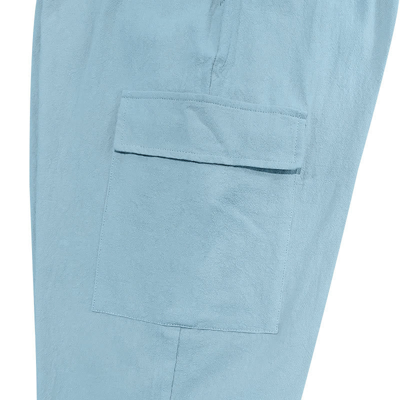Buddha Stones Solid Color Linen Drawstring Men's Cargo Pants With Pockets