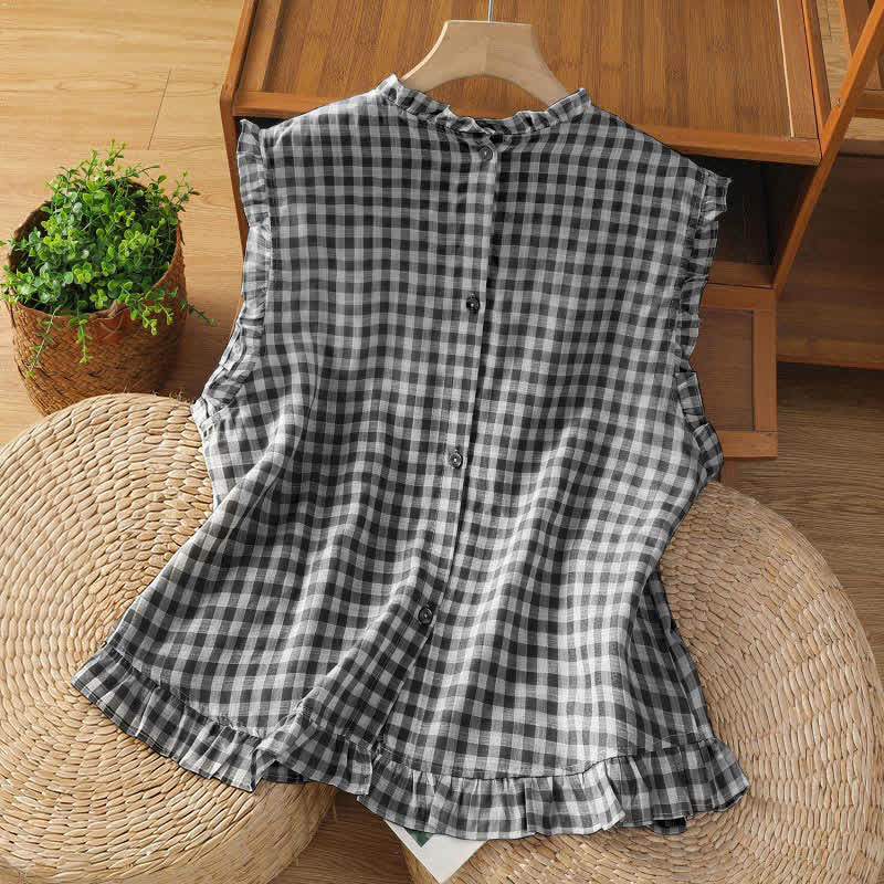 Buddha Stones Summer Plaid Ruffled Crew Neck Back Button Design Women's Sleeveless T-Shirt