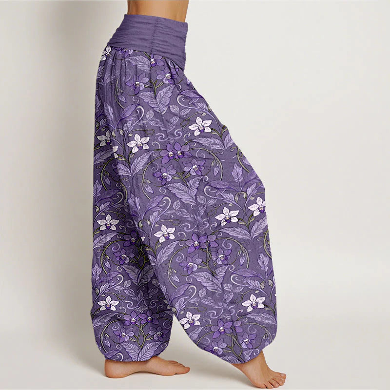 Buddha Stones Cotton Star Shaped Flowers Leaves Pattern Women's Elastic Waist Harem Pants