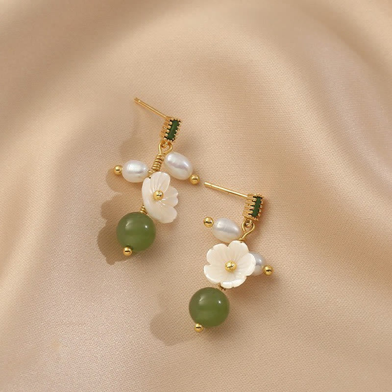 Buddha Stones Hetian Jade Pearl Bead Flower Prosperity Abundance Earrings