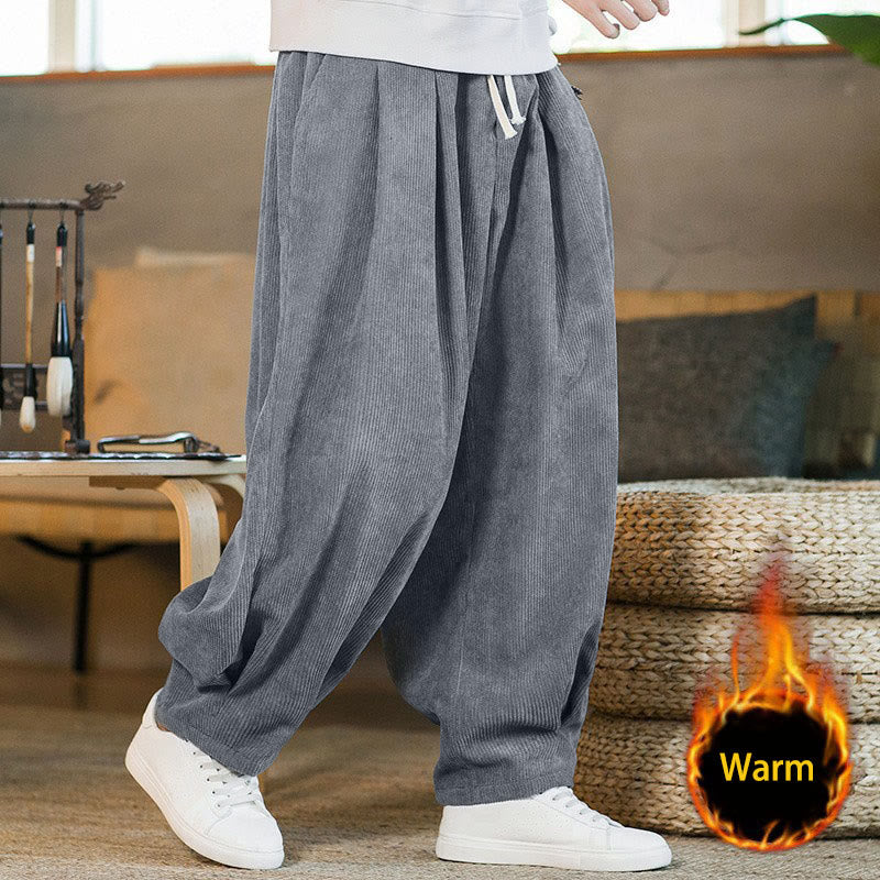 Buddha Stones Retro Men's Plain Fleece-Lined Corduroy Simple Design Harem Pants With Pockets