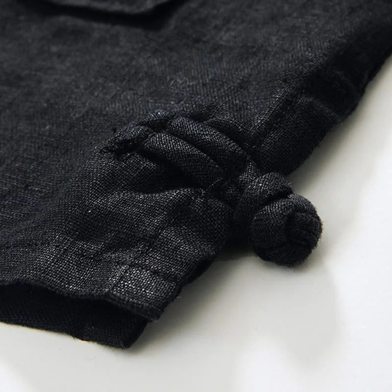 Buddha Stones Fall Solid Color Buttons Down Stand Collar Three Quarter Sleeve Linen Men's Shirt With Pockets