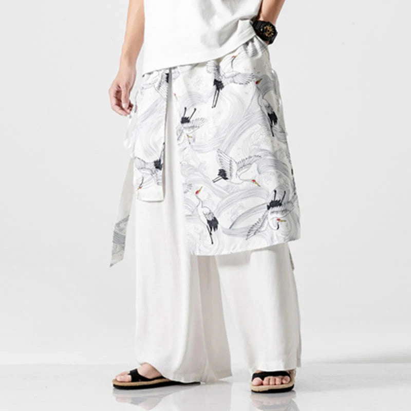 Buddha Stones Summer Flying Crane Design Cotton Men's Wide Leg Pants With Pockets