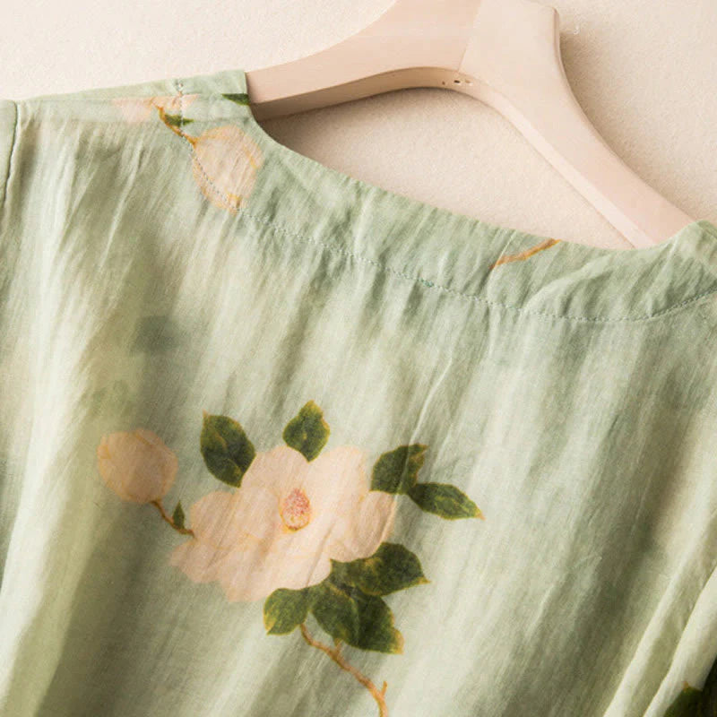 Buddha Stones Lightgreen Casual Artistic Printing Flower Pattern Chinese Frog-Button Design Women's Cotton Linen Long Sleeve Shirt Cardigan