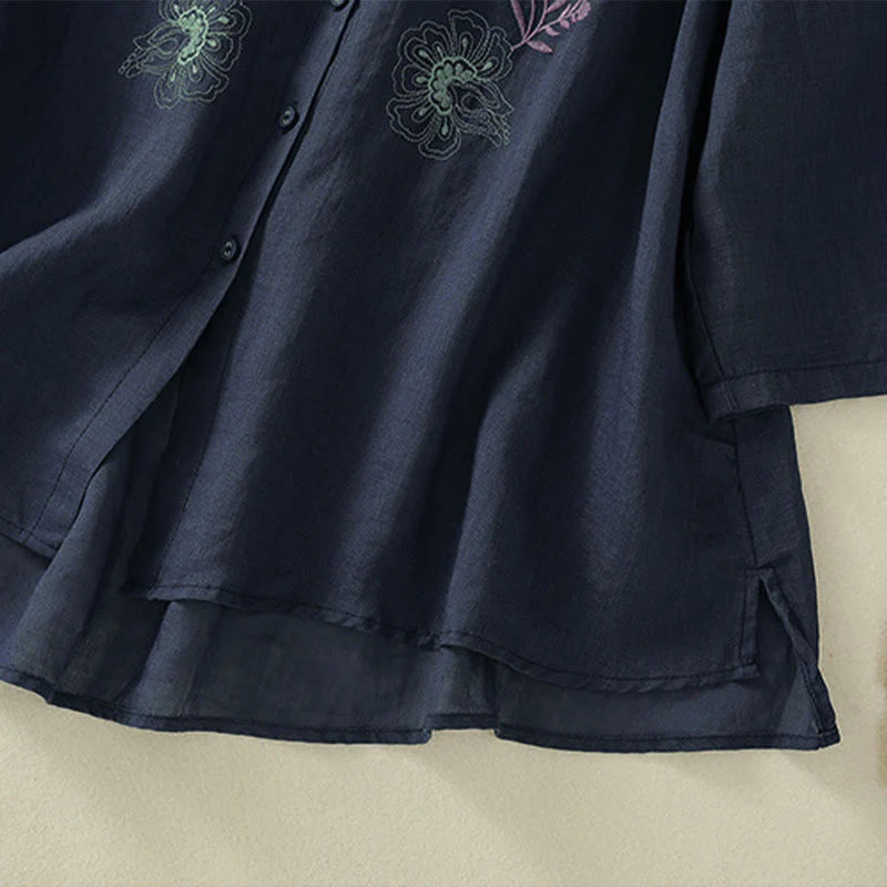 Buddha Stones Embroidery Pleated Design Stand Collar Three Quarter Sleeve Side Slit Hem Women's Cotton Shirt