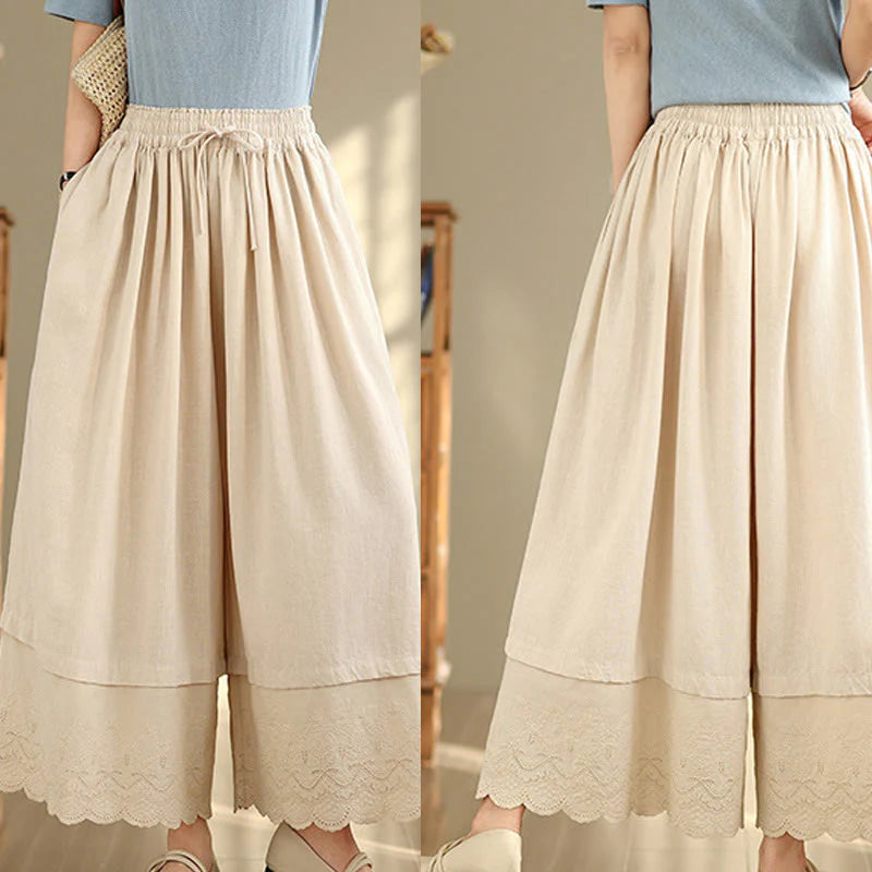 Buddha Stones Spring Embroidery Lace Hem Patchwork Drawstring Design Women's Wide Leg Cotton Pants With Pockets
