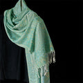Buddha Stones Spring Green Cashew Flower Geometric Jacquard Pattern Tassel Cozy Scarf Shawl