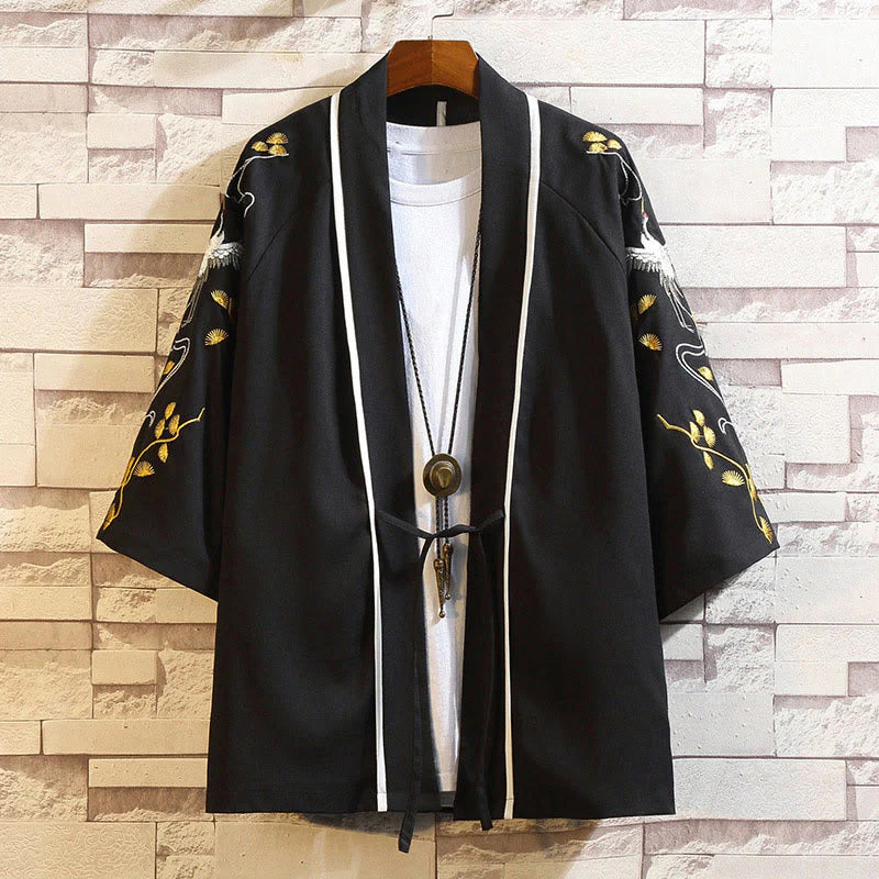 Buddha Stones Embroidery Dragon Phoenix Auspicious Cloud Waves Leaves Cranes Open Front Jacket Men's Kimono