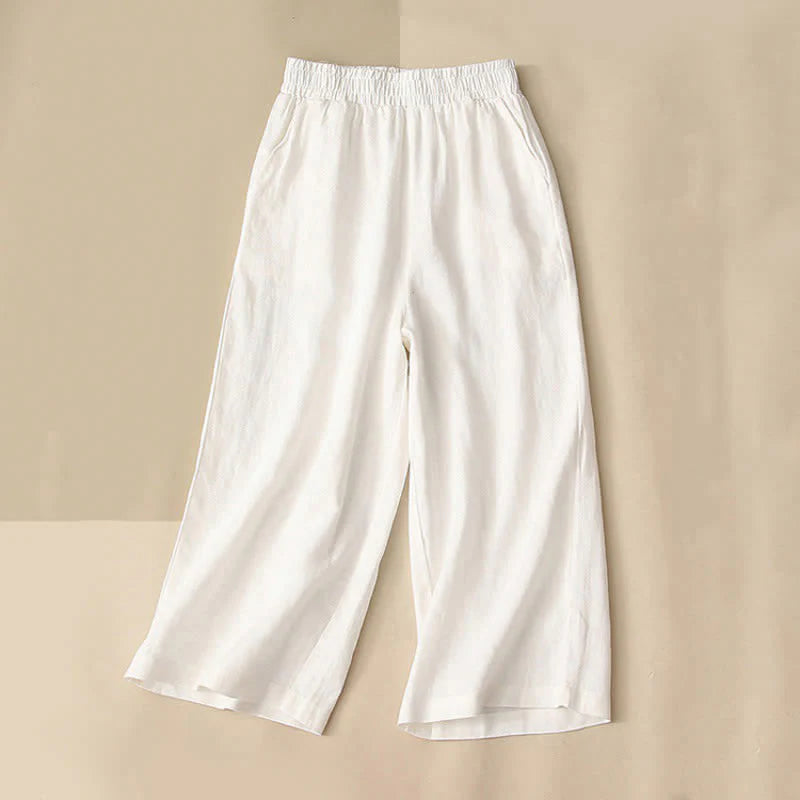 Buddha Stones High Waist Capri Cropped Women's Wide Leg Cotton Pants With Pockets