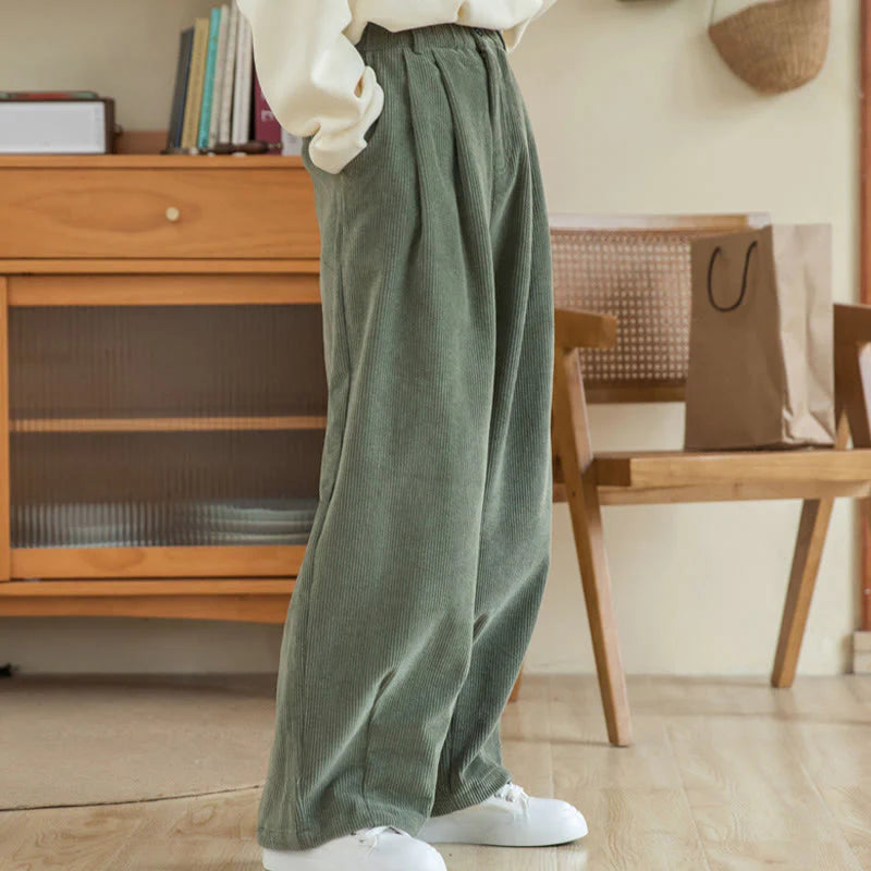 Buddha Stones Women's High Waist Zipper Design Wide Leg Cotton Corduroy Pants With Pockets