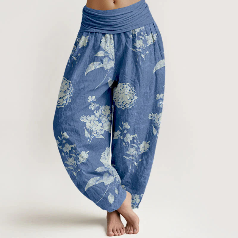 Buddha Stones Cotton Refresh Hydrangea Clustered Flowers Pattern Women's Elastic Waist Harem Pants