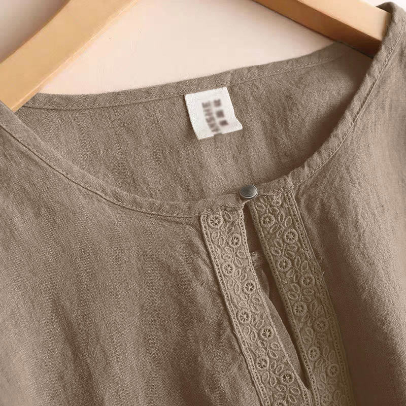 Buddha Stones Casual Plain Women's Hollow Crew Neck Design Three Quarter Sleeve Shirt
