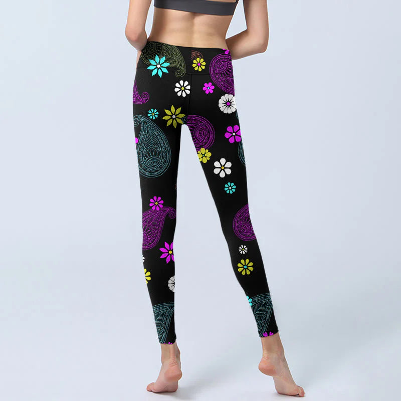 Buddha Stones Colorful Cashew Flower Print Gym Leggings Women's Yoga Pants