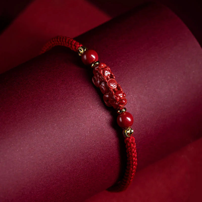 Buddha Stones Handmade Cinnabar Ruyi Handle Fu Character PiXiu Blessing Red String Braided Bracelet