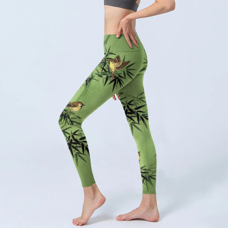 Buddha Stones Elegant Bird Bamboo Leaf Pattern Print Gym Leggings Women's Yoga Pants
