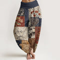 Buddha Stones Cotton Color Blocking Design Flower Geometry Pattern Women's Elastic Waist Harem Pants