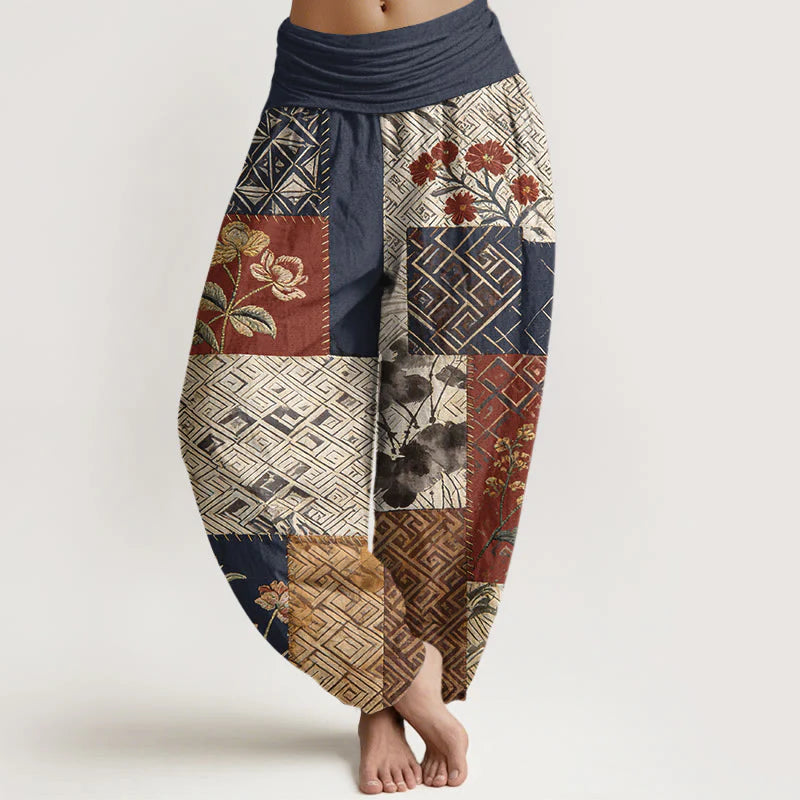 Buddha Stones Cotton Color Blocking Design Flower Geometry Pattern Women's Elastic Waist Harem Pants