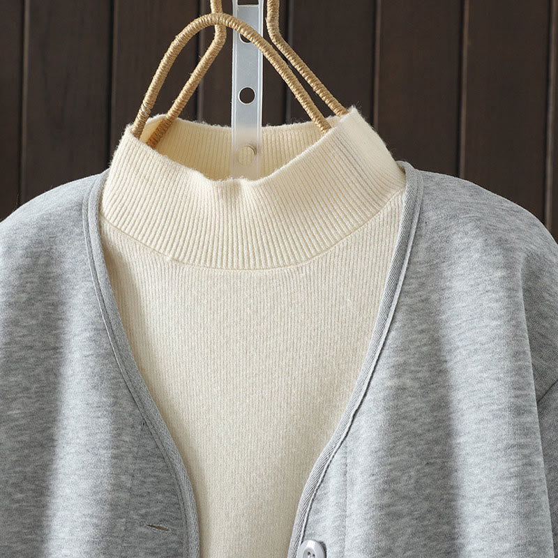 Buddha Stones Simple Plain V-Neck Buttons Down Design Women's Cotton Long Sleeve Jacket