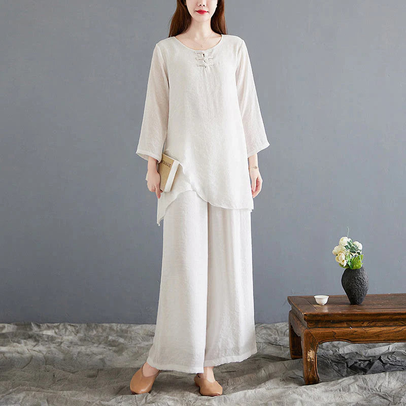 Buddha Stones 2Pcs Beige Chinese Frog-Button Design Long Sleeve Shirt Top Pants Meditation Zen Tai Chi Cotton Linen Clothing Women's Set