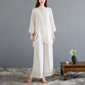 Buddha Stones 2Pcs Beige Chinese Frog-Button Design Long Sleeve Shirt Top Pants Meditation Zen Tai Chi Cotton Linen Clothing Women's Set