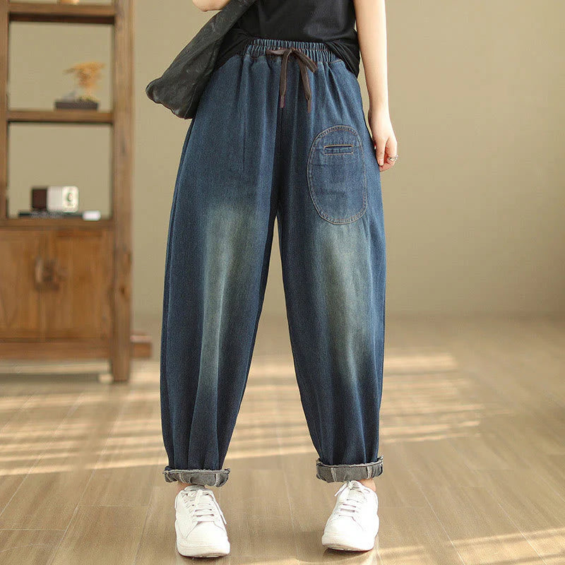 Buddha Stones Casual DarkSlateBlue Plain Drawstring Cotton Women's Harem Pants With Pockets