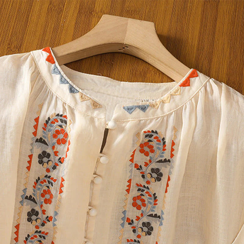 Buddha Stones Vintage Embroidery Single Row Multi-Button Placket Design Women's Cotton Linen Long Lantern Sleeve Shirt