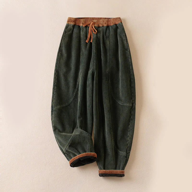 Buddha Stones Color Contrast Corduroy Cotton Women's Thermal Fleece-Lined Harem Pants With Pockets