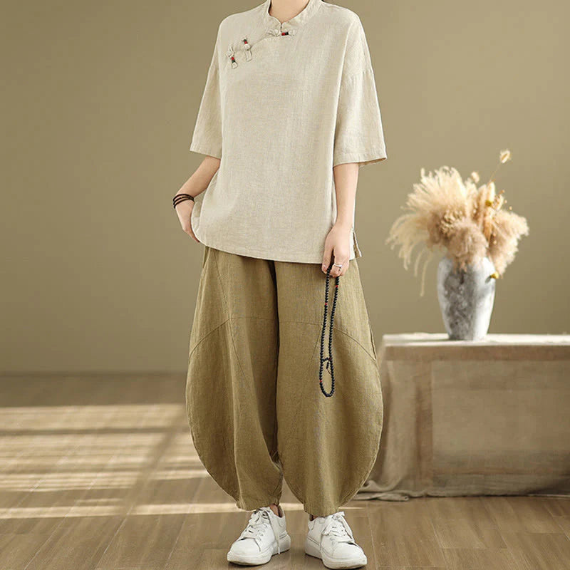 Buddha Stones Plain Chinese Frog-Button Stand Collar Design Women's Cotton Linen Half Sleeve Shirt