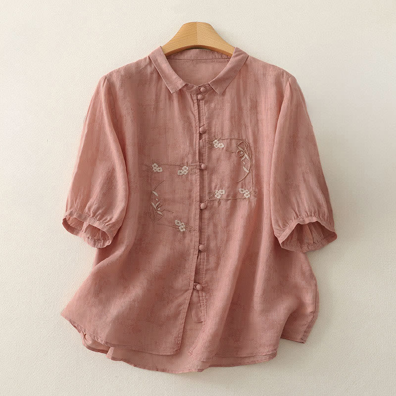 Buddha Stones Stand Collar Embroidery Button Design Three Quarter Sleeve Summer Women's Shirt