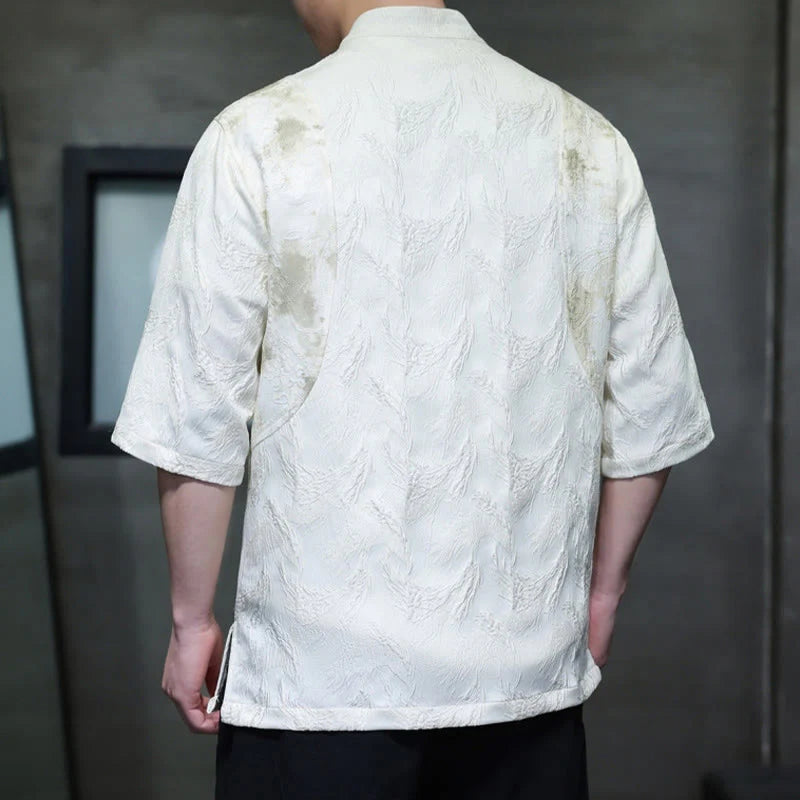Buddha Stones Textured Jacquard Bagua Pattern Button Tang Suit Men's Half Sleeve Cotton Shirt