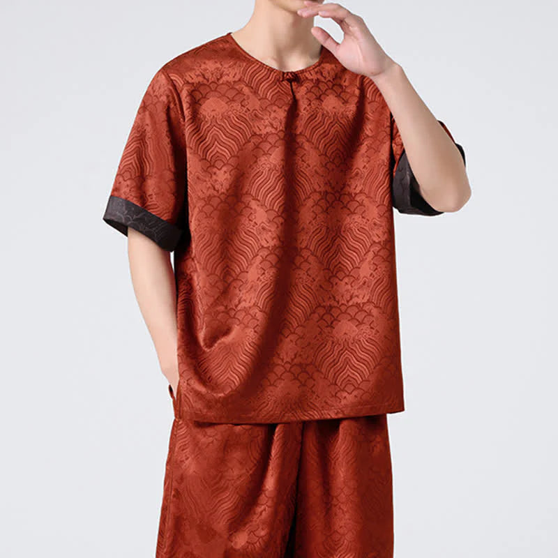Buddha Stones Summer Retro Crackle Auspicious Cloud Pattern Short Sleeve Men's T-shirt