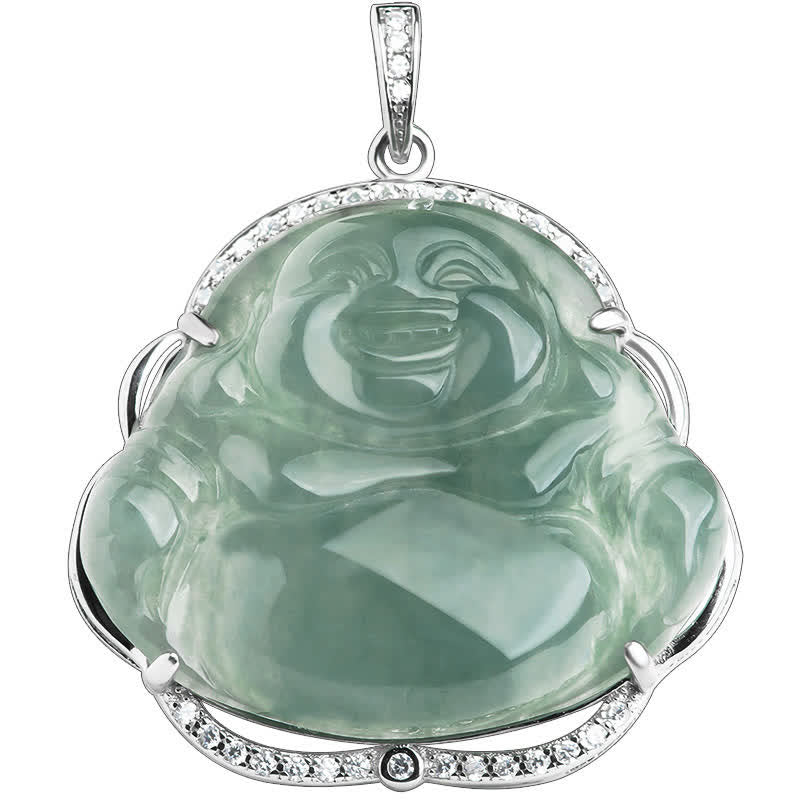 Buddha Stones Laughing Buddha Natural Jade Luck Necklace Titanium Steel Chain Pendant