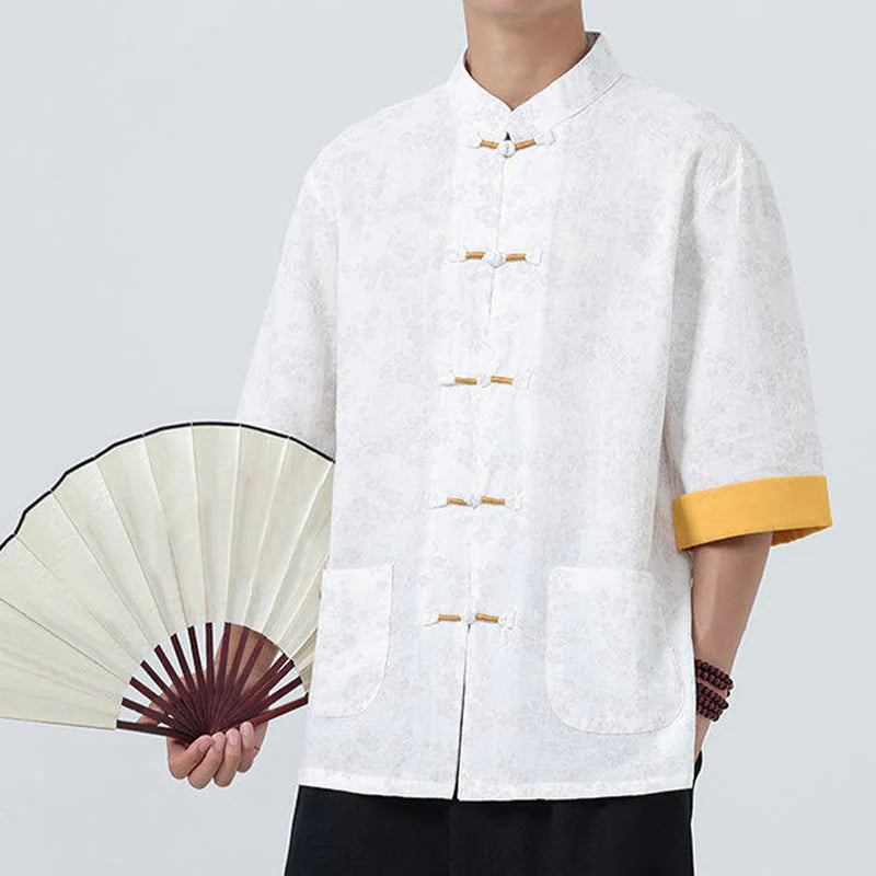 Buddha Stones Summer Peach Blossoms Pattern Chinese Frog-Button Cotton Linen Short Sleeve Men's Shirt