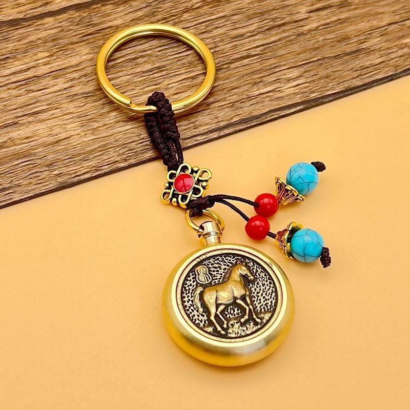 Buddha Stones Year of the Horse Bringing in Wealth and Treasure Brass Key Chain