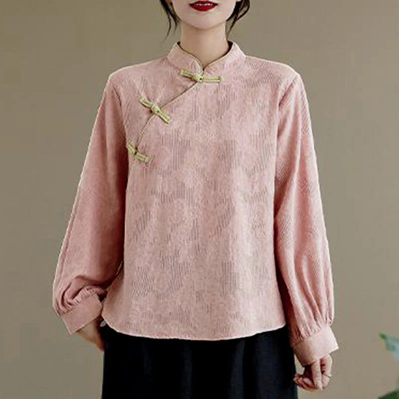 Buddha Stones Spring Traditional Floral Frog-Button Stand Collar Long Sleeve Women's Cotton Shirt