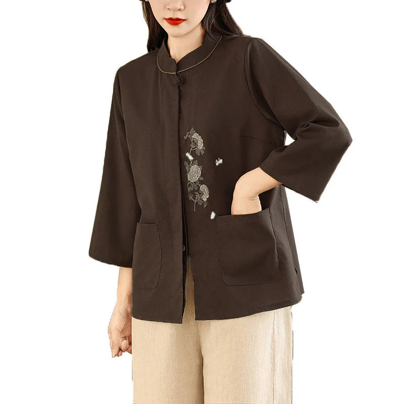 Buddha Stones Commute Embroidery Floral Pattern Three Quarter Sleeve Women's Cotton Shirt With Pockets