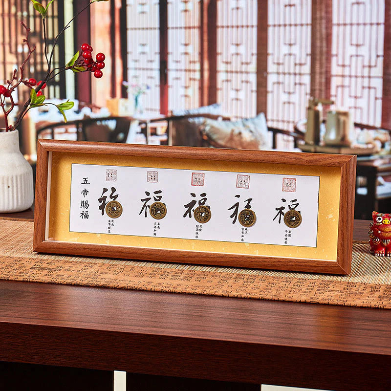 Buddha Stones Fu Character Five-Emperor Coins Lucky Fortune Photo Frame Ornament Home Decor