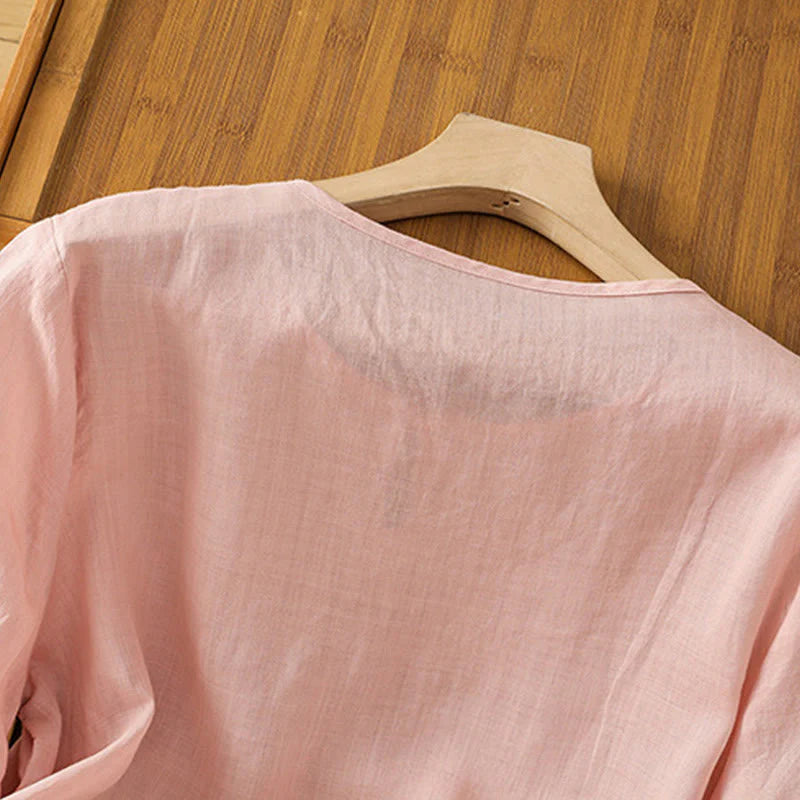 Buddha Stones Casual Floral Embroidery Crew Neck Women's Frog-Button Polyester Half Sleeve Shirt
