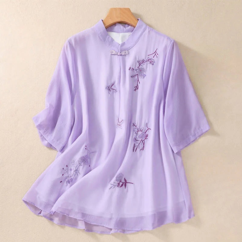 Buddha Stones Embroidery Plants Flower Half Sleeve Plain Frog-Button Stand Collar Women's Shirt