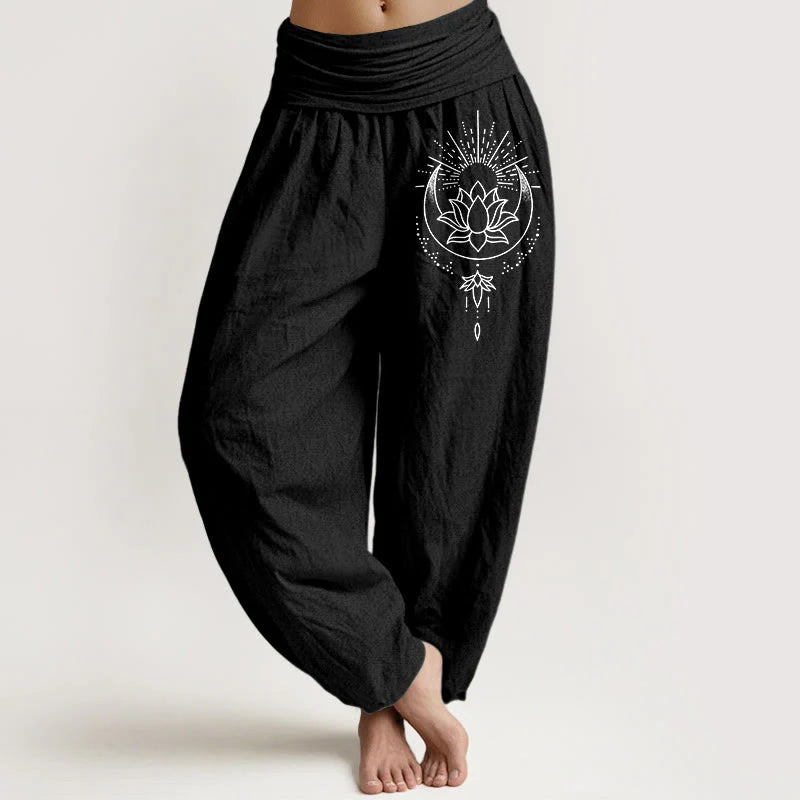Buddha Stones Pure Cotton Concise Lotus Flower Pattern Women's Elastic Waist Harem Pants