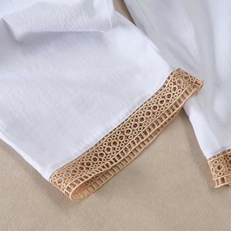 Buddha Stones Summer Lace-trimmed Hem Solid Color Women's Tapered Pants With Pockets
