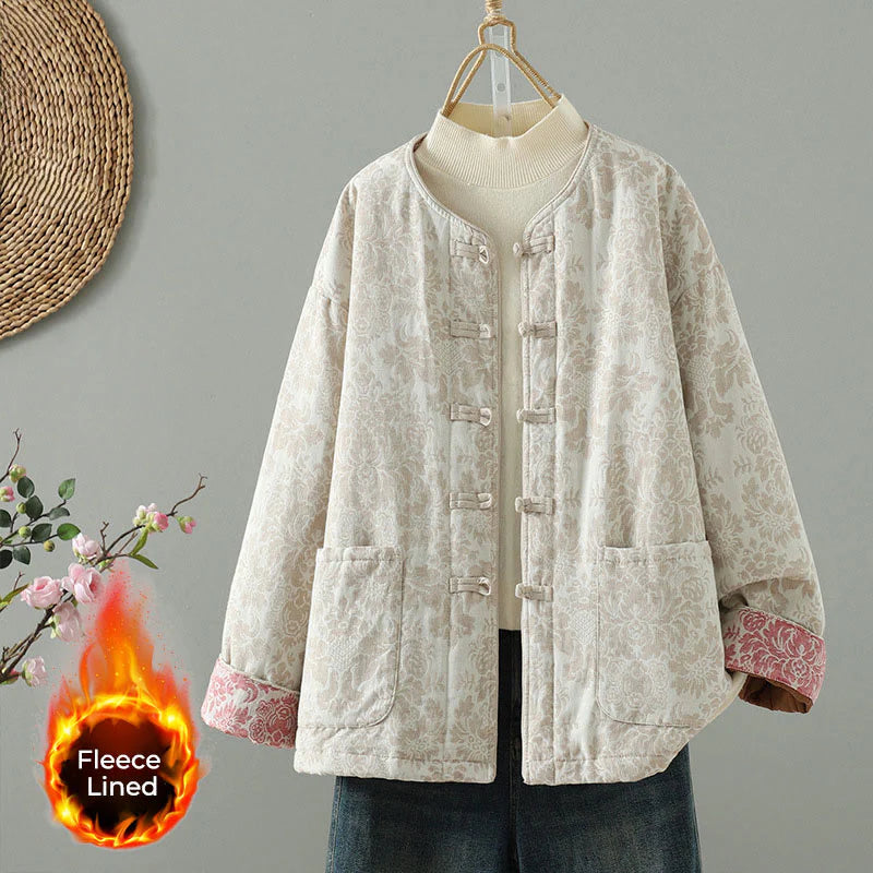 Buddha Stones Women's Peony Flowers Frog-Button Design Long Sleeve Thermal Jacket With Pockets